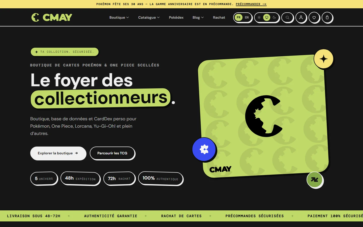 CMay Collections home page: “Le foyer des collectionneurs” headline, shop buttons and the green C emblem.