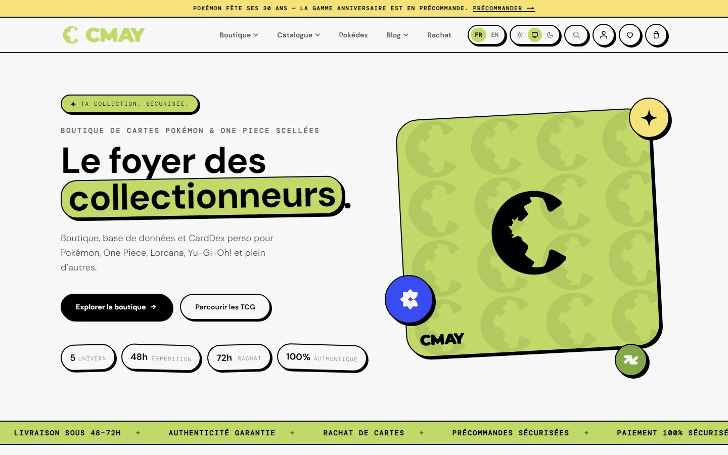 CMay Collections home page: “Le foyer des collectionneurs” headline, shop buttons and the green C emblem.