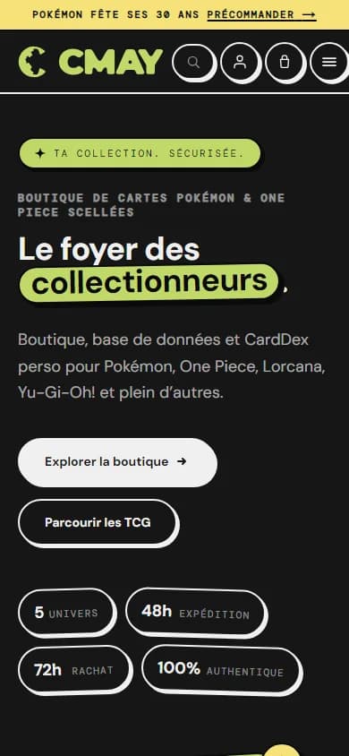 CMay Collections home page on a phone.