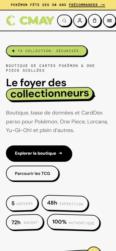 CMay Collections home page on a phone.